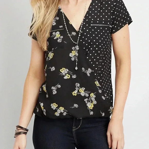 Maurice’s zipper pocket, mixed print, wrap front blouse.  Floral and polka dot. - Picture 12 of 12